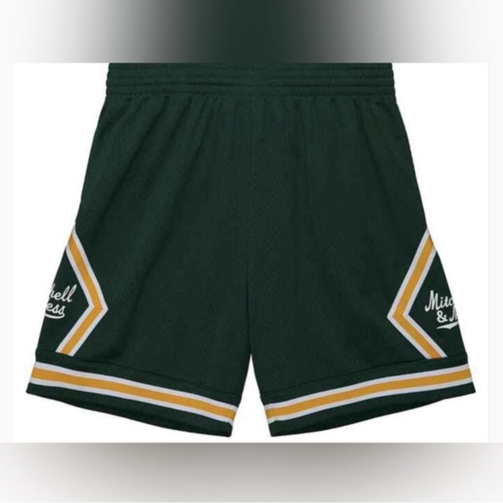 Nwt Mitchell  Ness Script Branded Green And Yellow Shorts